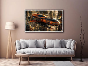 Futuristic metropolis with orange airship