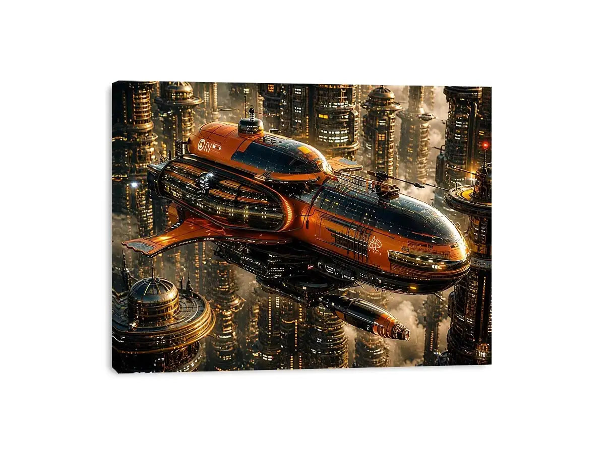 Futuristic metropolis with orange airship