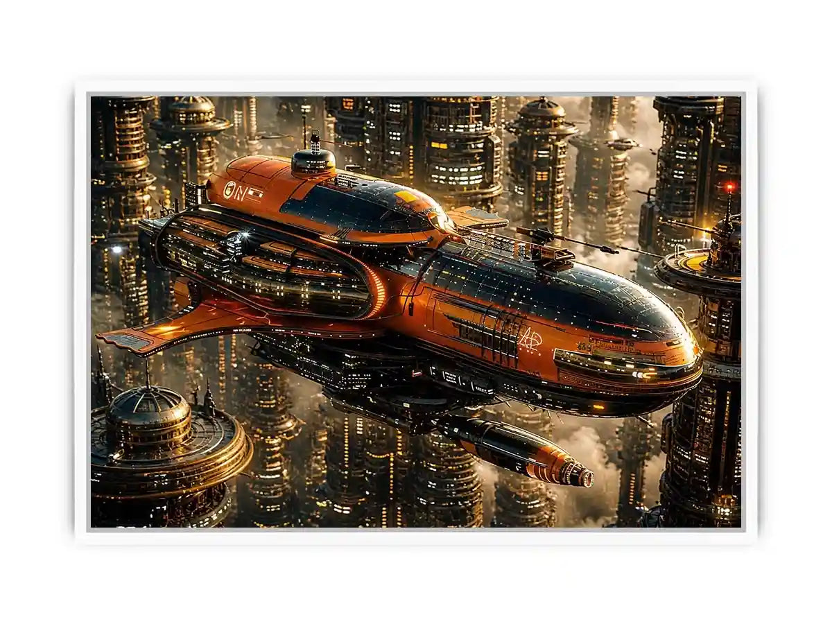 Futuristic metropolis with orange airship