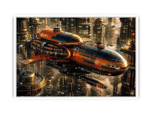 Futuristic metropolis with orange airship