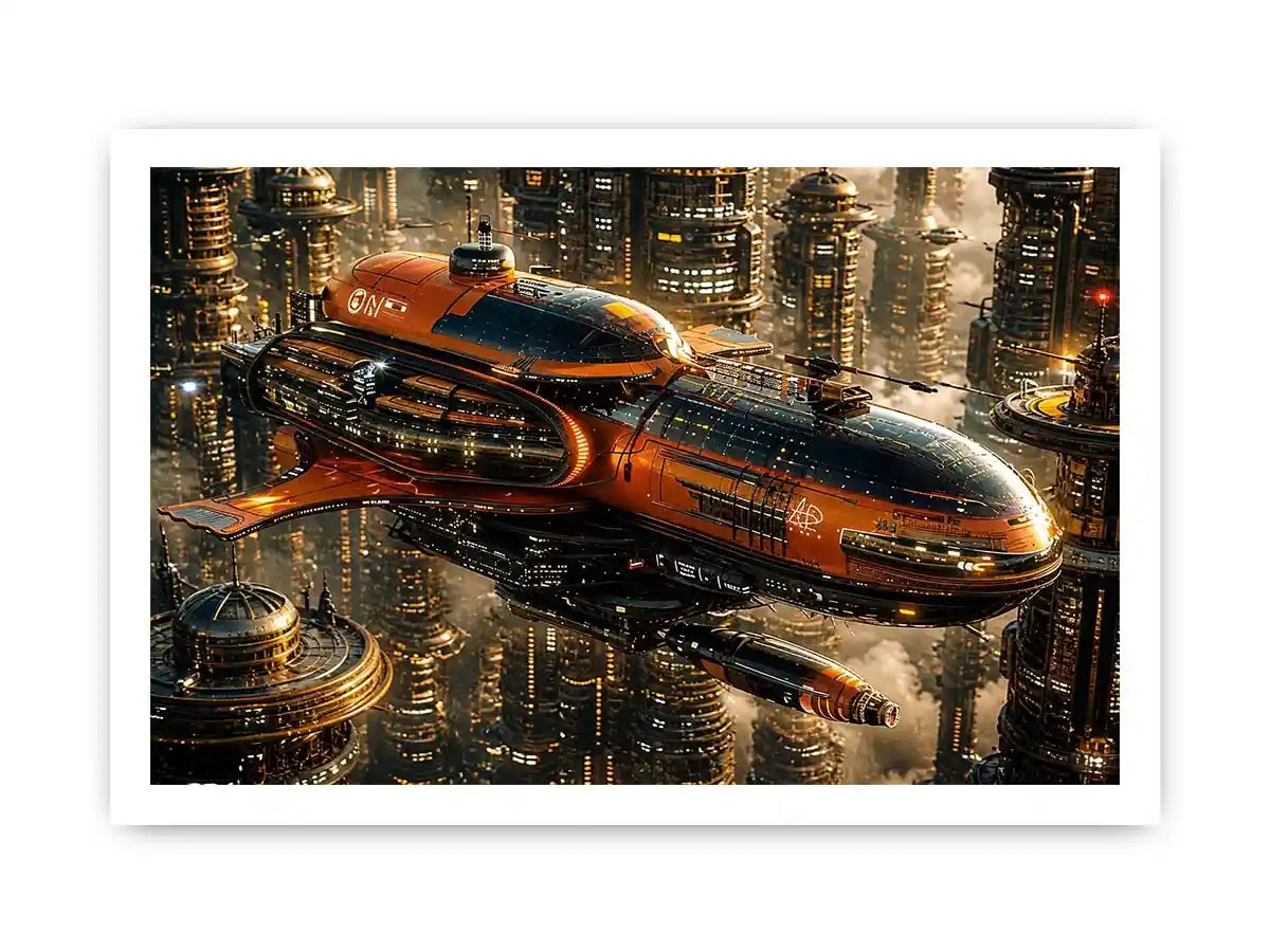 Futuristic metropolis with orange airship