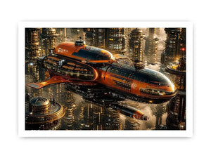 Futuristic metropolis with orange airship