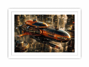 Futuristic metropolis with orange airship