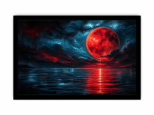 Red moon over tranquil waters