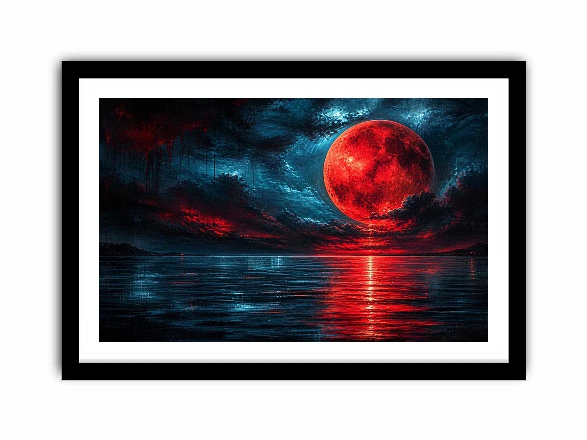 Red moon over tranquil waters