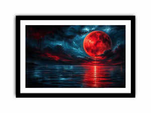 Red moon over tranquil waters