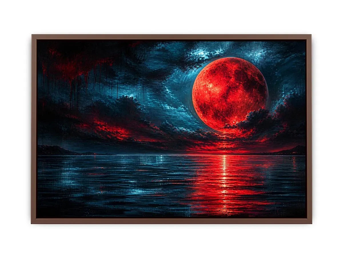 Red moon over tranquil waters