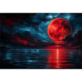 Red moon over tranquil waters