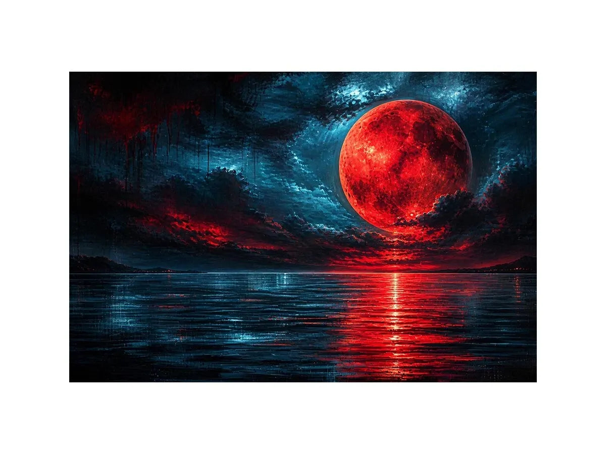Red moon over tranquil waters