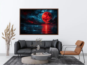 Red moon over tranquil waters