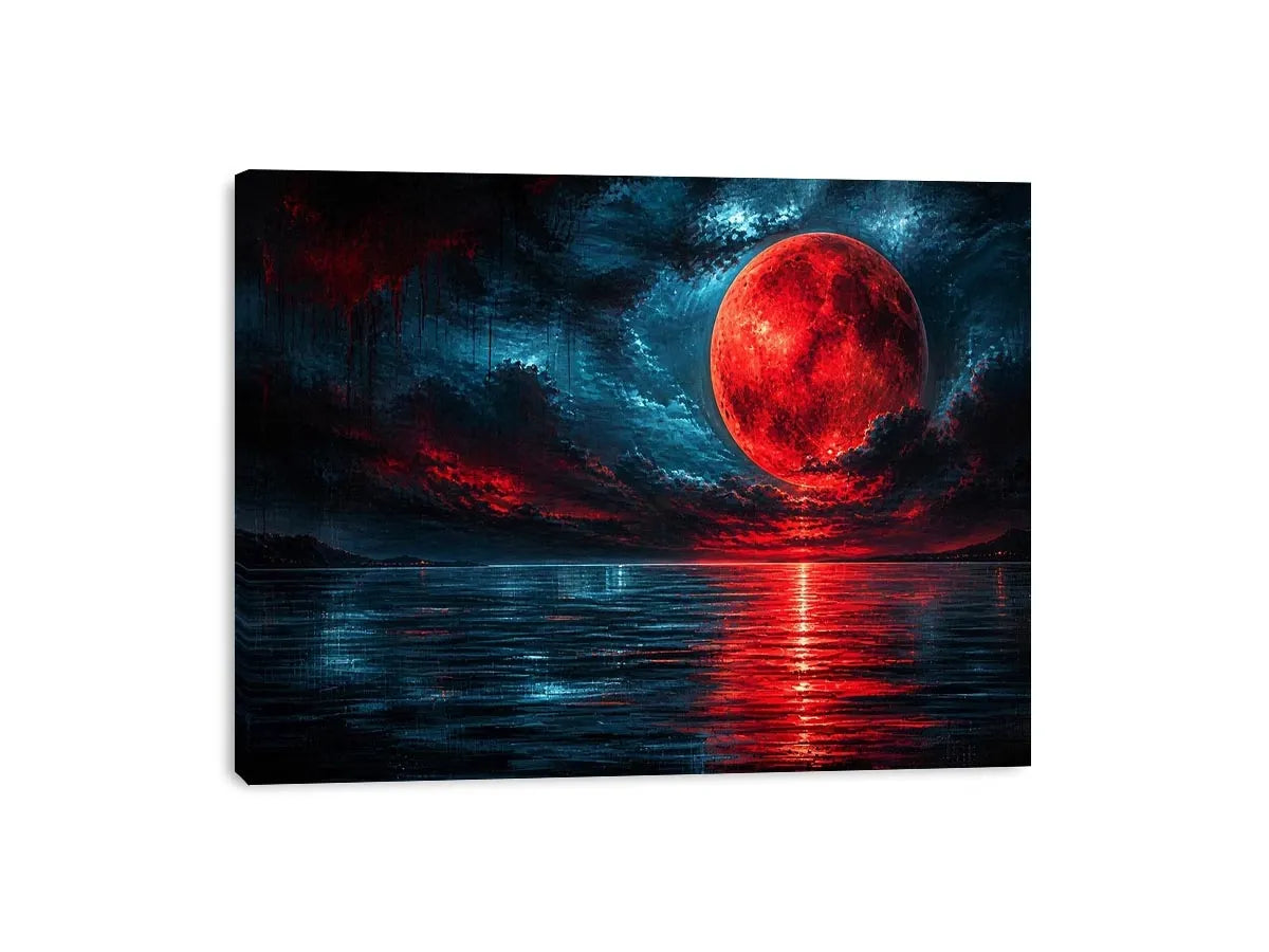 Red moon over tranquil waters