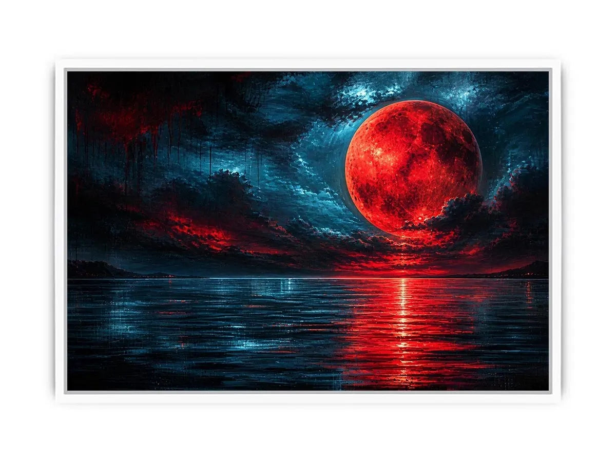 Red moon over tranquil waters