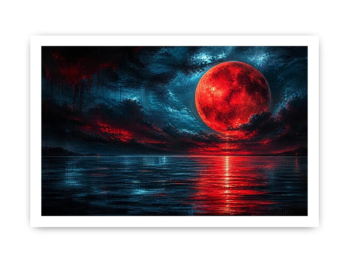 Red moon over tranquil waters