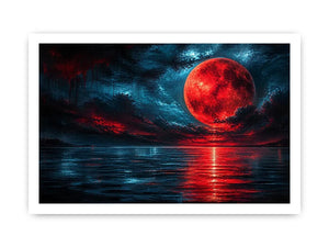 Red moon over tranquil waters