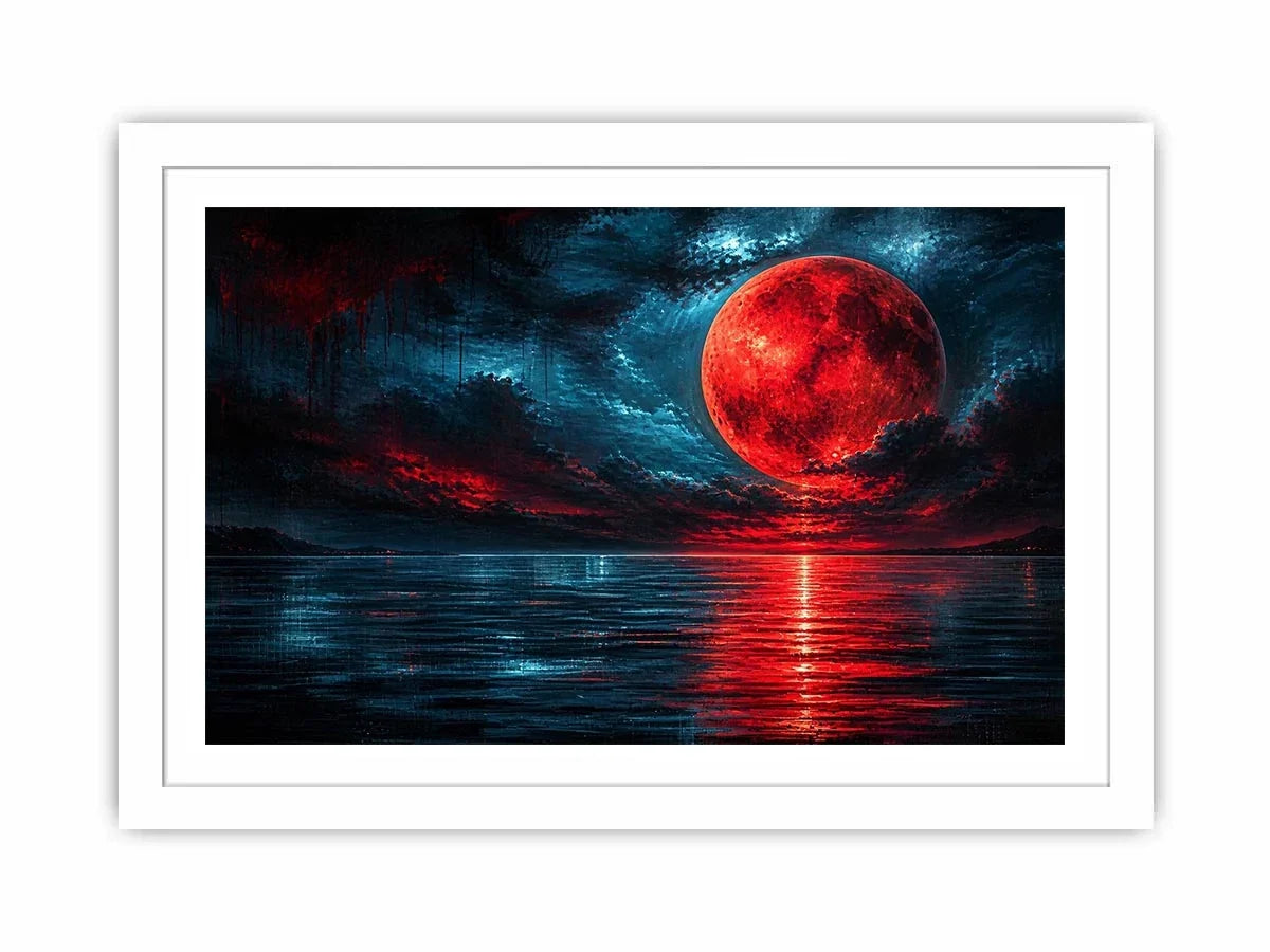 Red moon over tranquil waters