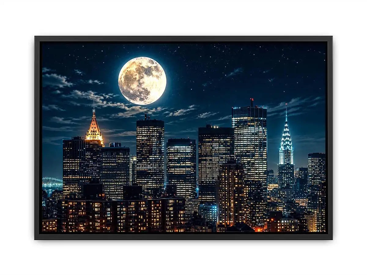 Vibrant cityscape under a glowing moon