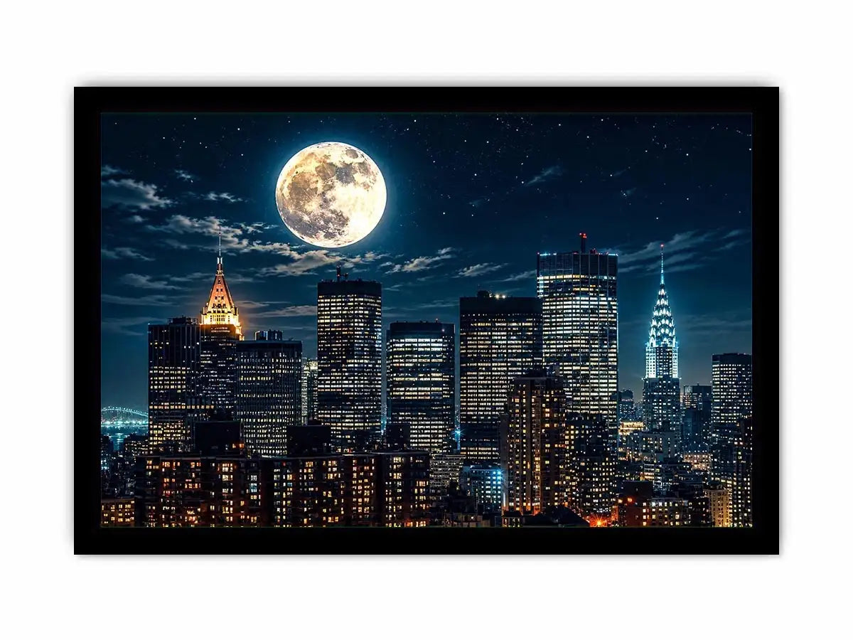 Vibrant cityscape under a glowing moon