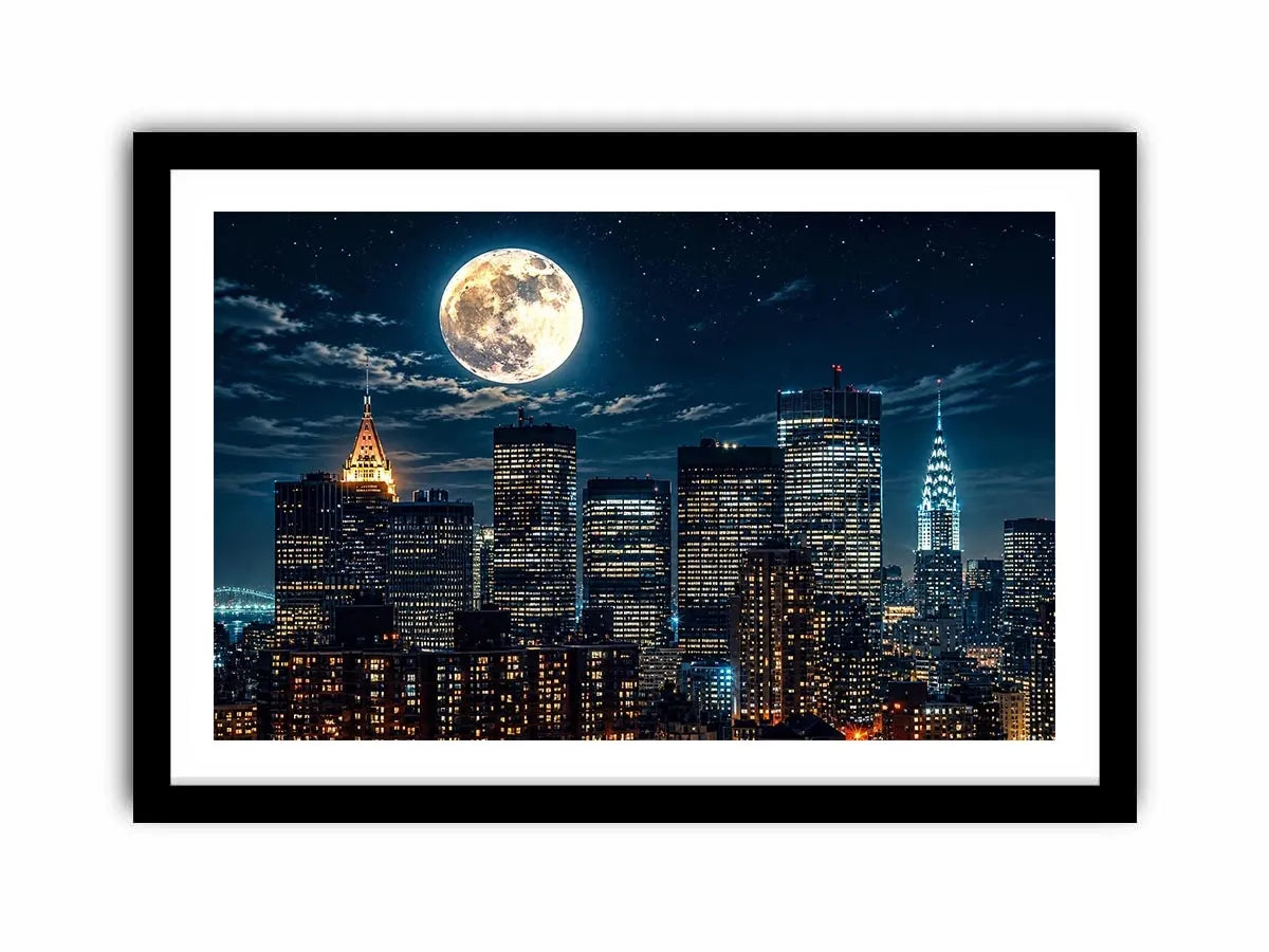 Vibrant cityscape under a glowing moon