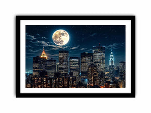 Vibrant cityscape under a glowing moon