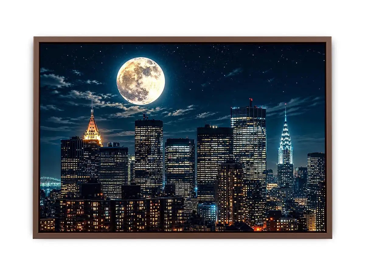 Vibrant cityscape under a glowing moon