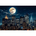 Vibrant cityscape under a glowing moon