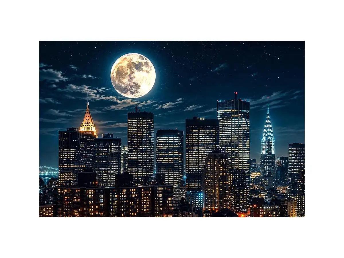 Vibrant cityscape under a glowing moon