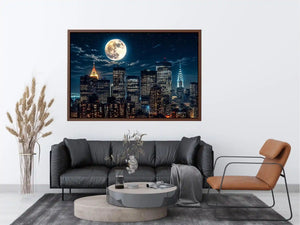 Vibrant cityscape under a glowing moon