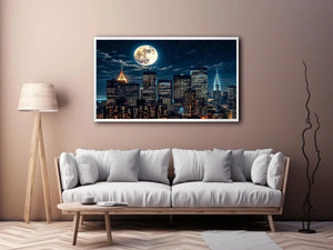 Vibrant cityscape under a glowing moon