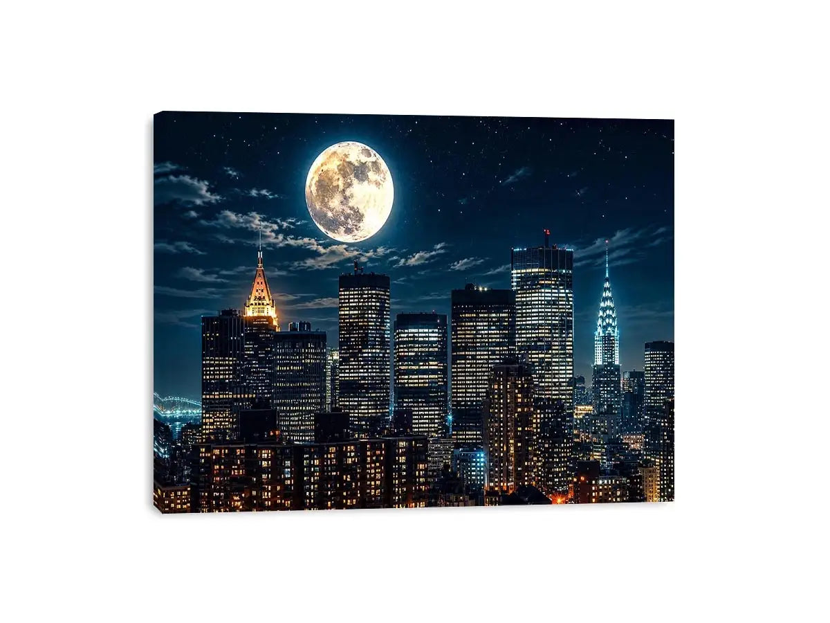 Vibrant cityscape under a glowing moon