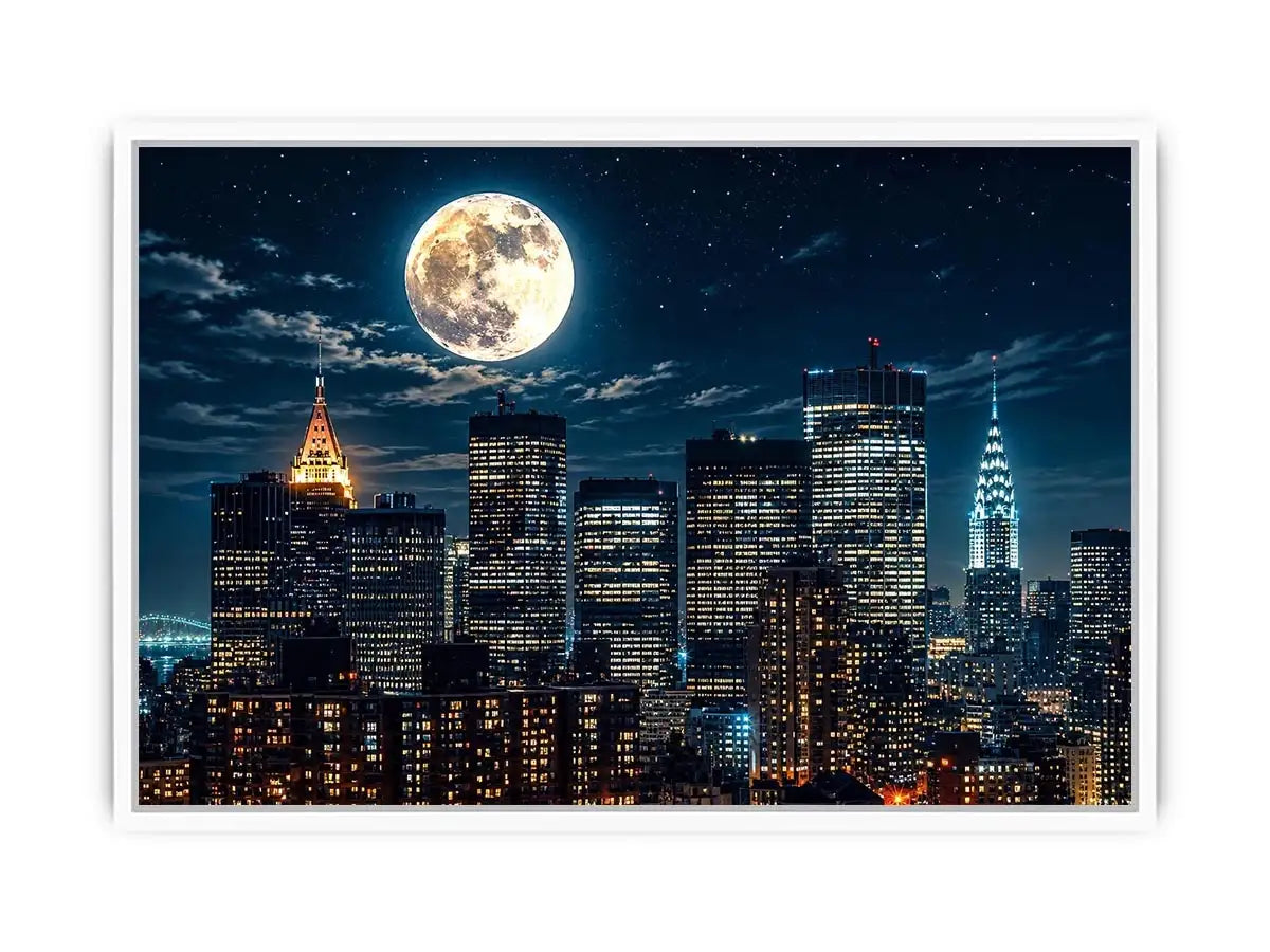 Vibrant cityscape under a glowing moon