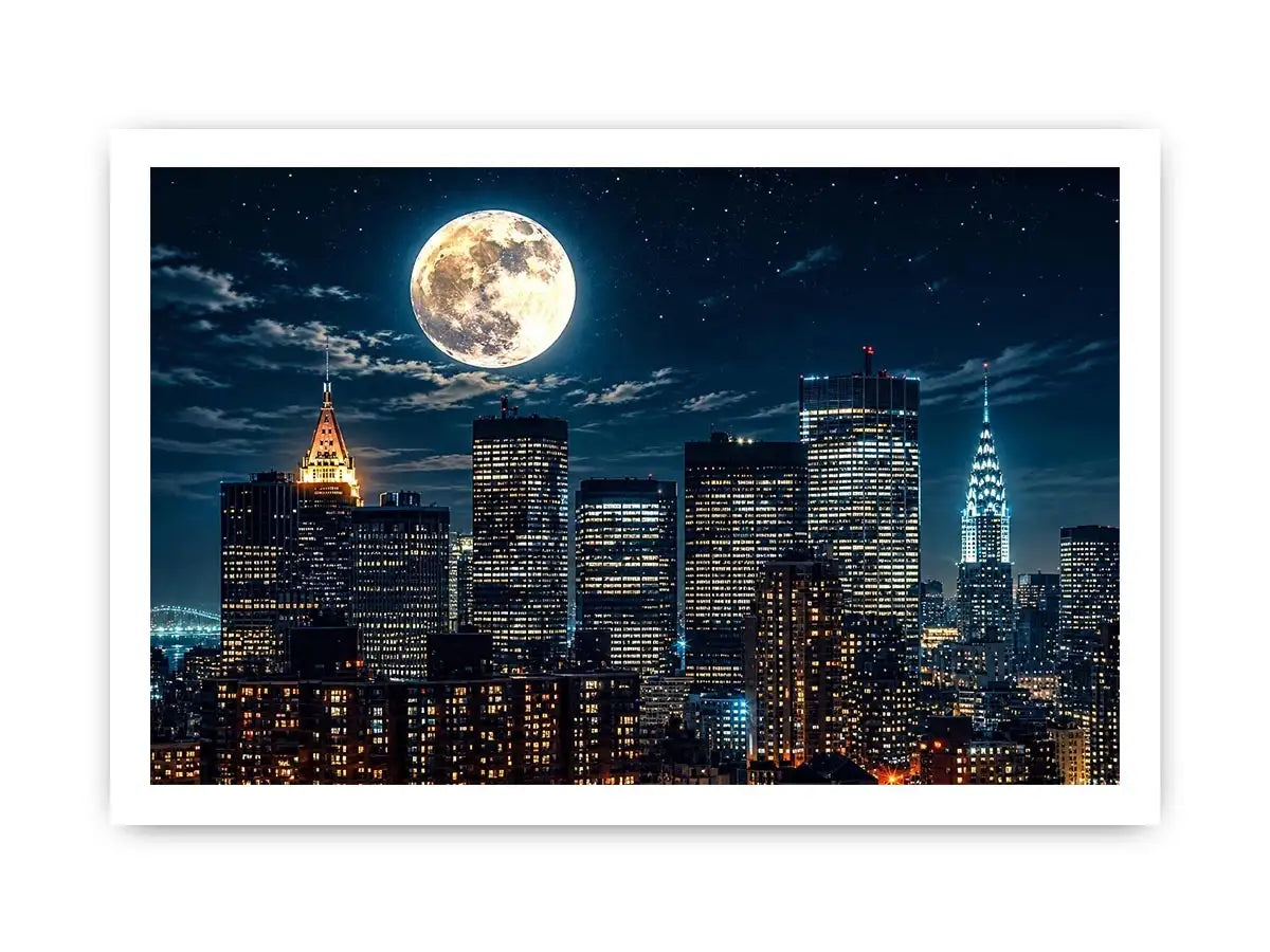 Vibrant cityscape under a glowing moon