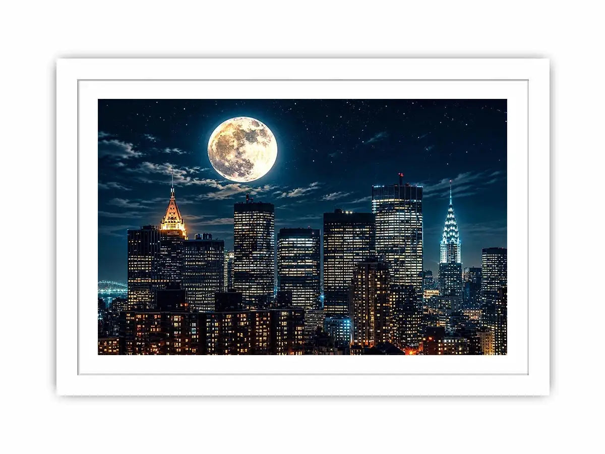 Vibrant cityscape under a glowing moon