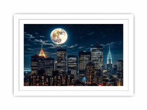 Vibrant cityscape under a glowing moon