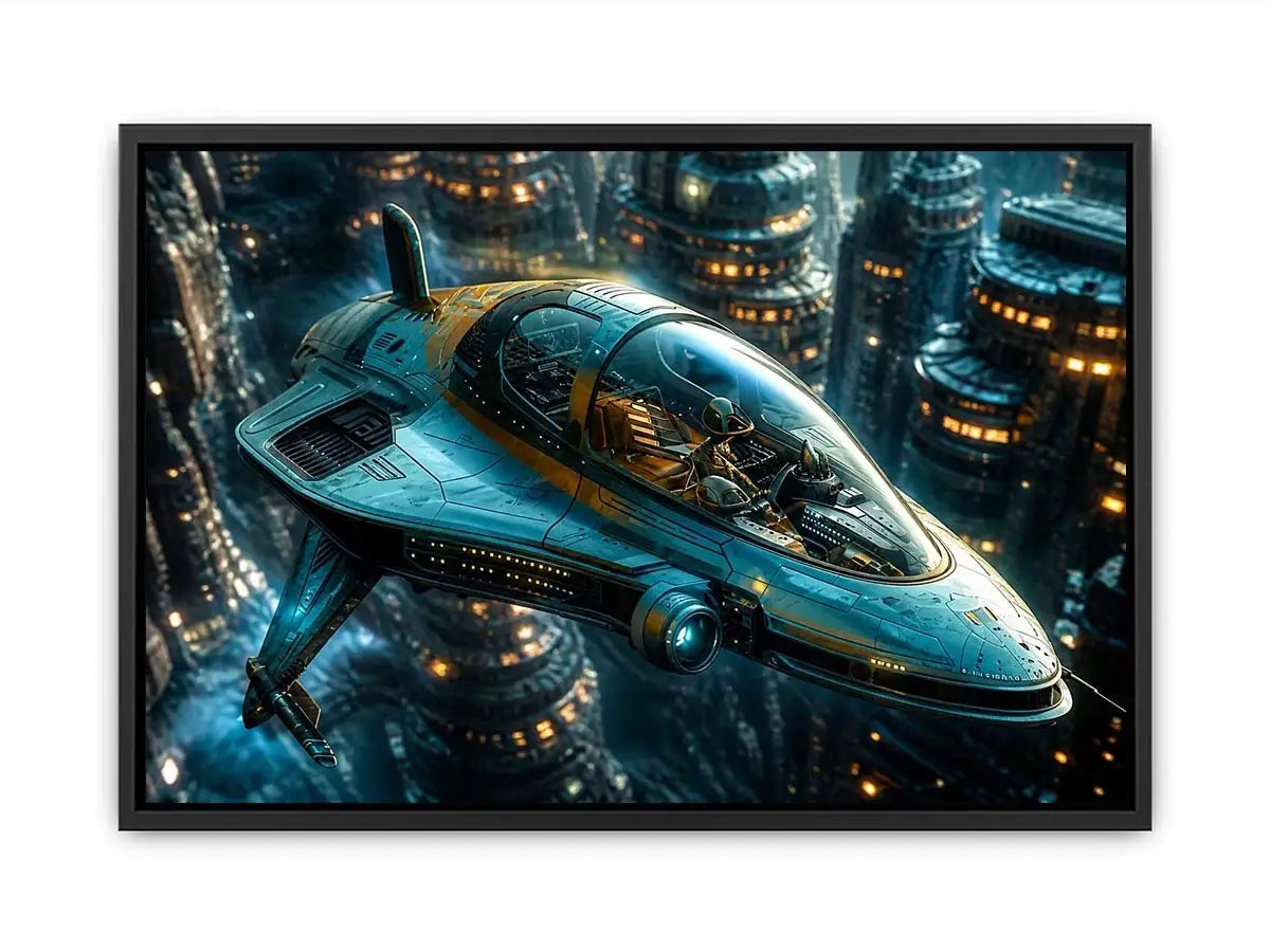 Futuristic cityscape with sleek starfighter