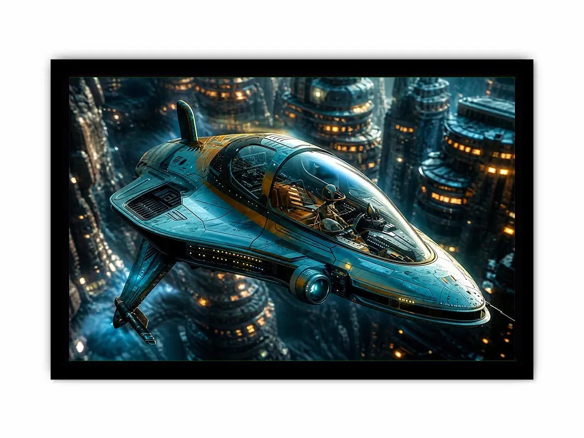 Futuristic cityscape with sleek starfighter