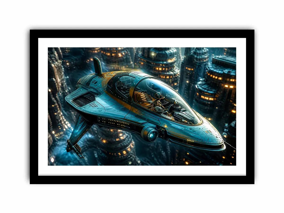 Futuristic cityscape with sleek starfighter