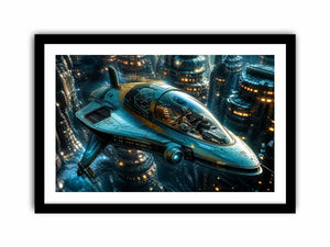 Futuristic cityscape with sleek starfighter