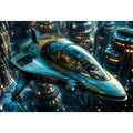 Futuristic cityscape with sleek starfighter