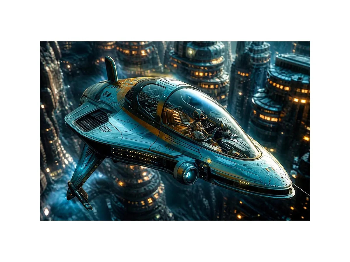 Futuristic cityscape with sleek starfighter