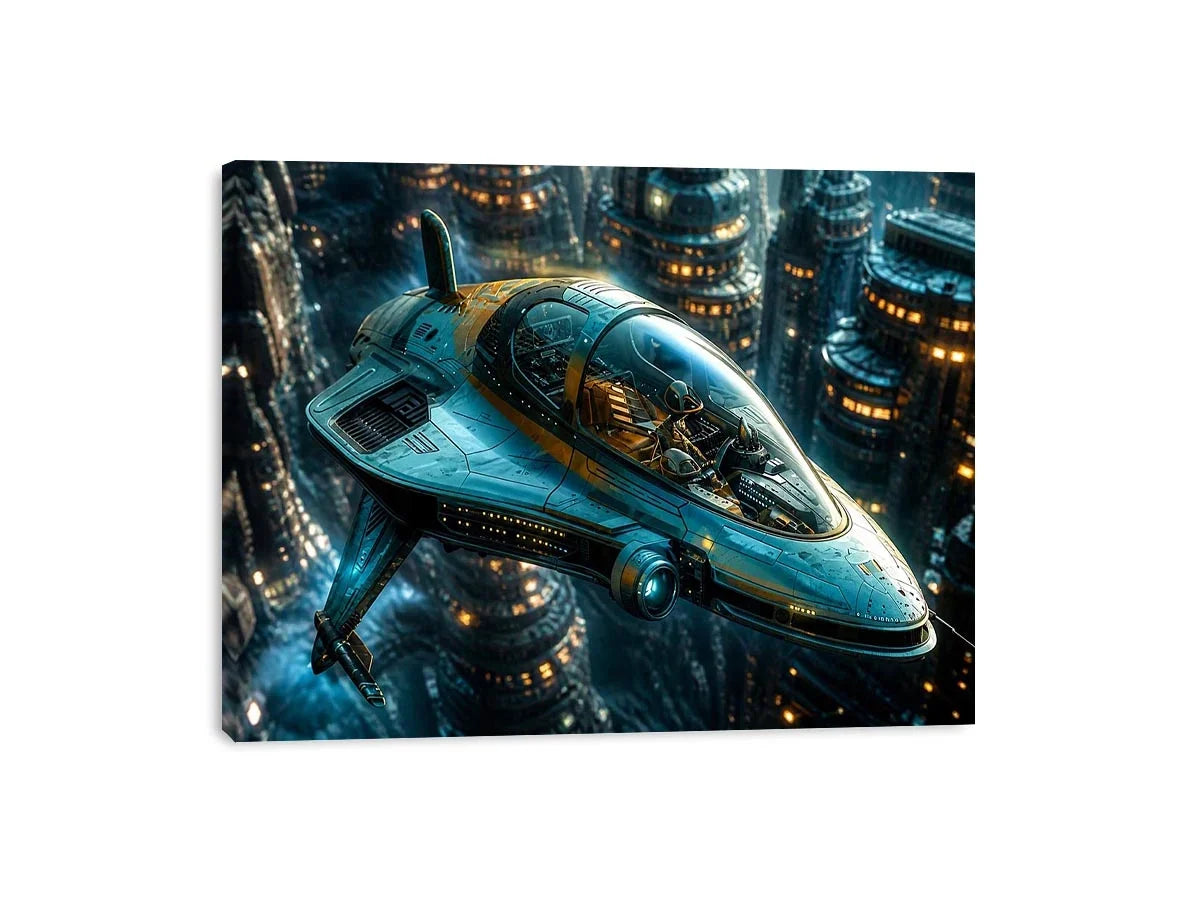 Futuristic cityscape with sleek starfighter