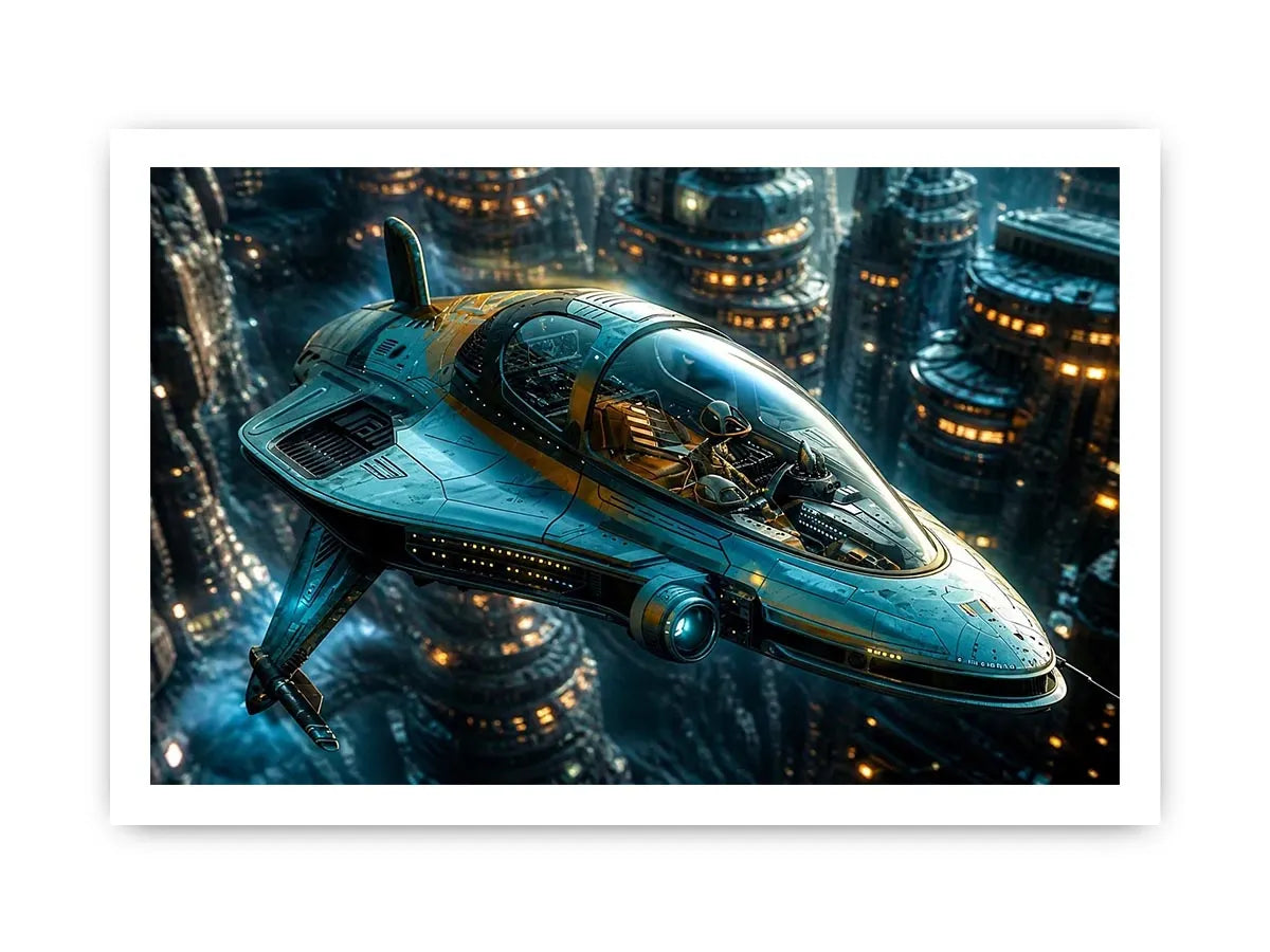 Futuristic cityscape with sleek starfighter