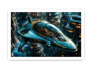 Futuristic cityscape with sleek starfighter
