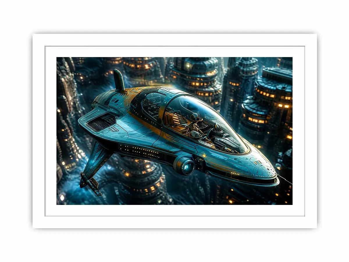 Futuristic cityscape with sleek starfighter