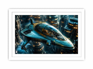 Futuristic cityscape with sleek starfighter