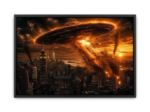 Alien invasion over burning metropolis