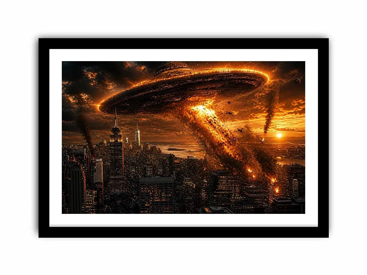 Alien invasion over burning metropolis