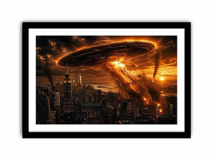 Alien invasion over burning metropolis