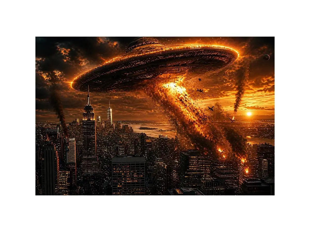 Alien invasion over burning metropolis