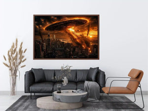 Alien invasion over burning metropolis
