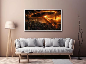 Alien invasion over burning metropolis